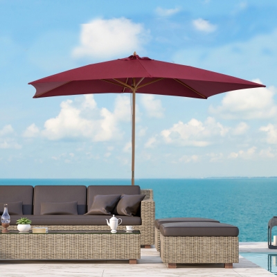 Outsunny 7’x10’ Wooden Rectangle Market Patio Sun Umbrella Garden Parasol Outdoor Sunshade Canopy, Wine Red