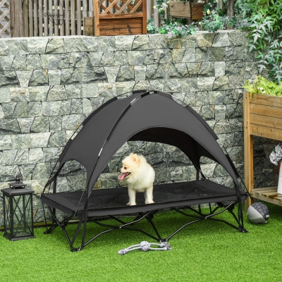 PawHut Elevated Pet Cot with Removable Canopy Shade UV Protection Portable Foldable Raised Bed Cot Carry Bag for Large and Medium-sized Dogs Indoor Outdoor Black