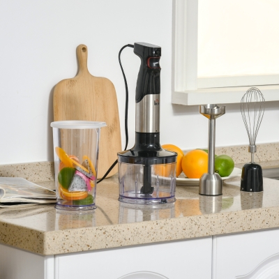 HOMCOM Immersion Hand Blender, 400W 4-In-1 Handheld Stick Blender with Adjustable Speed, 500ml Chopper, Egg Whsk, 800ml Measuring Cup, Stainless Steel Blades for Smoothie, Baby Food, Sauce, Soup