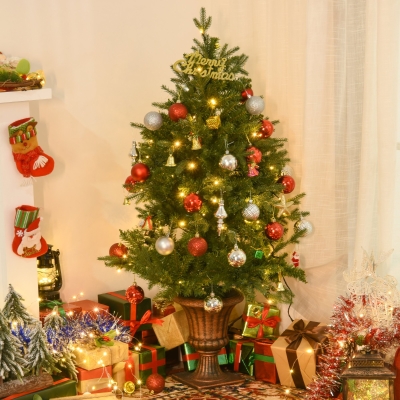HOMCOM 4FT Artificial Tree Pre-Lit Holiday Home Christmas Decoration with Vase Base