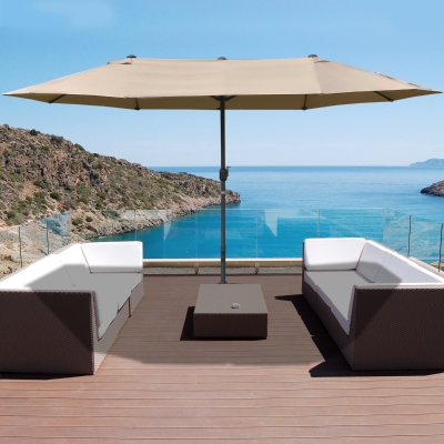 Outsunny 15' Outdoor Patio Umbrella with Twin Canopy Sunshade Steel Table Umbrella with Lift Crank, Cross base, Sandbag, Khaki