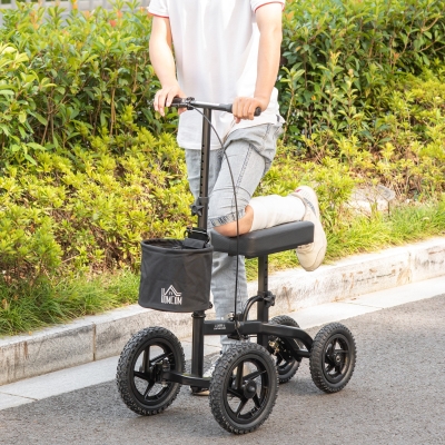 HOMCOM Knee Walker, Foldable Steerable Medical Knee Scooter, Crutch Alternative with Braking System, Storage Bag for Foot Injuries, Black