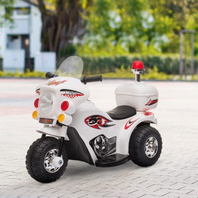 Aosom 6V Kid Electric Motorcycle Police Car Battery Powered Electric Trike Toys For 18-36 Months With Mp3 White
