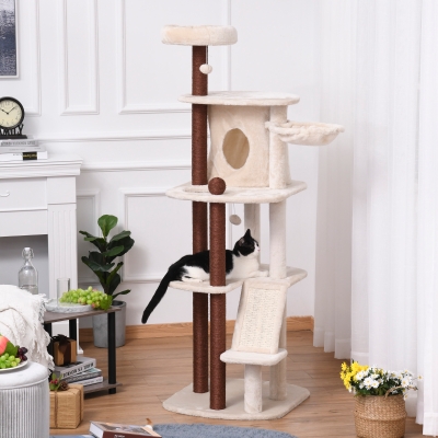 PawHut Cat tree Tower Climbing Kitten Activity Center Furniture with Sisal Scratching Post Pad Condo Perch Hanging Balls Hammock 25.5" x 22" x 67.75" Beige