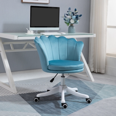 HOMCOM Mid Back Office Chair Velvet Fabric Swivel Scallop Shape Computer Desk Chair for Study, Blue