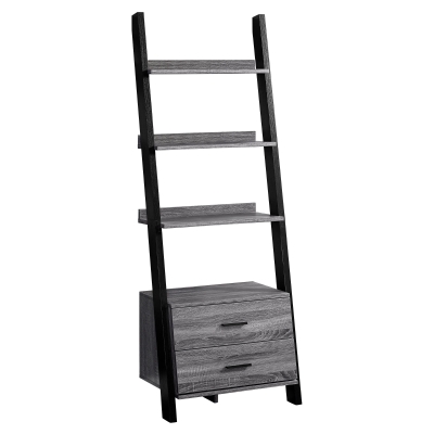 Monarch 69" Contemporary Wood Grain-Look 4-Shelf Ladder Bookcase with Storage Drawers - Black / Grey Tones Finish