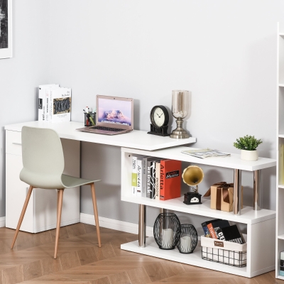 HOMCOM L-Shaped Rotating Computer Desk Home Office Study Workstation with Storage Shelves, Cabinet and Drawer for Home & Office, White