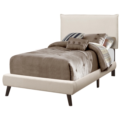 Monarch Twin Size Modern Upholstered Bed Frame with Padded Headboard and Brown Wood Legs - Beige Linen Look