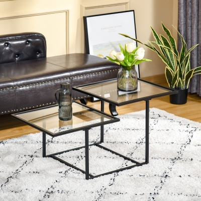 HOMCOM Contemporary Coffee Tables with Double Tempered Glass Tabletops, Black Side Table with Metal Base Adjustable Foot for Living Room, Bedroom