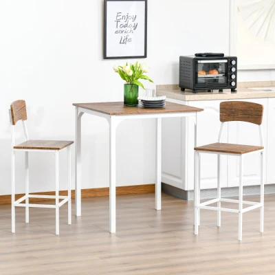 HOMCOM 3 Piece Counter-Height Bar Table Set with Steel Legs, White
