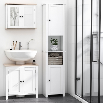 HOMCOM Tall Bathroom Storage Cabinet, Freestanding Linen Tower with 2-Tier Shelf and 2 Cupboards, Narrow Side Floor Organizer, White