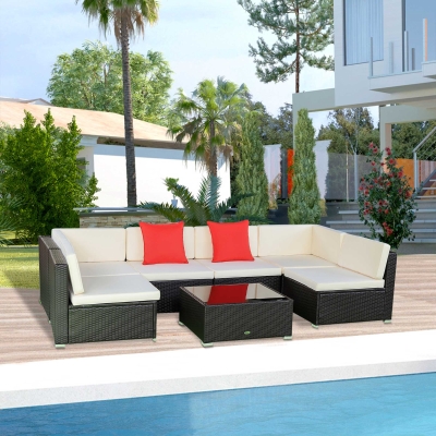 Outsunny 7 Pieces Garden Wicker Sectional Sofa Set Patio Outdoor Furniture All Weather with Cushion, Beige