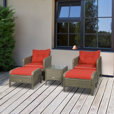 Outsunny 5pc Outdoor Patio Furniture Set Rattan Wicker Conversation Sofa w/ Ottoman