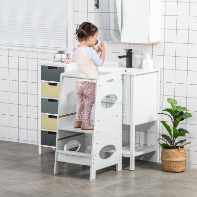 HOMCOM Kids Kitchen Helper Step Stool Toddler Kitchen Stool Learning Tower with Adjustable Standing Platform for Kids Kitchen Counter Grey