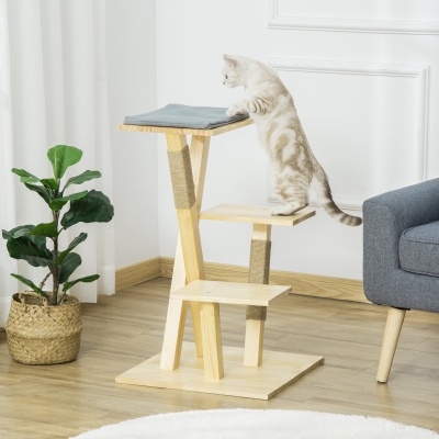 PawHut 31" Cat Tree Kitty Activity Center Pinewood Cat Climbing Toy Indoor Outdoor Pet Furniture with Jute Scratching Post Perch Cushion Natural