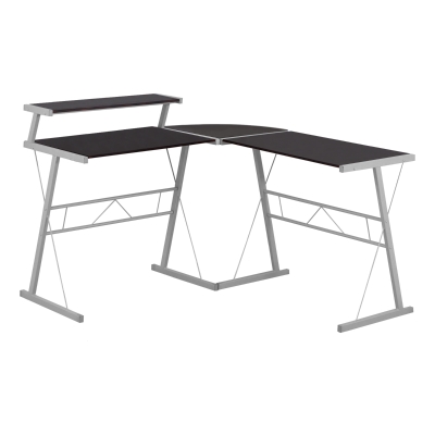 Monarch L-Shaped Contemporary Computer Desk Workstation - Cappuccino / Silver Metal