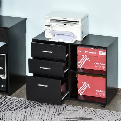 HOMCOM Wood File Cabinet Side Board 3 Drawer Shelf Caster Wheels Sturdy Black