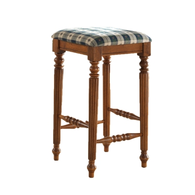 Monarch 29" Georgian Style Wood Bar Stool Set with Cushioned Seats with Gingham Fabric Covers - Set of 2 - Dark Oak with Green / Cream Fabric Covers