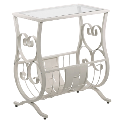 Monarch 22" Traditional Style Intricate Weave Metal Frame Tempered Glass Top Side Accent End Table with Magazine Rack - Antique White Finish