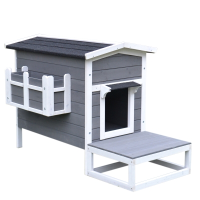PawHut Wooden Large Deluxe Elevated Indoor Outdoor Cat House with Porch and Balcony - Dark Grey / White