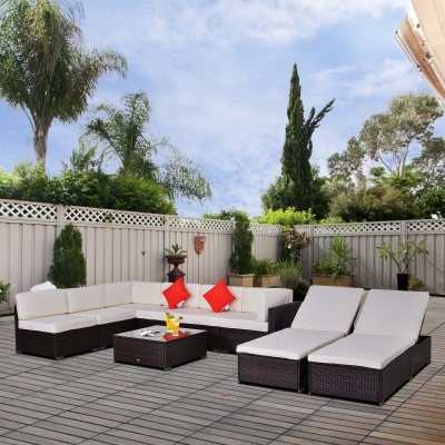 Outsunny 9pcs Outdoor Sofa Resin Wicker Sofa Set Patio Couch PE Rattan Furniture Outdoor Lounger Cushioned Seat Cream White