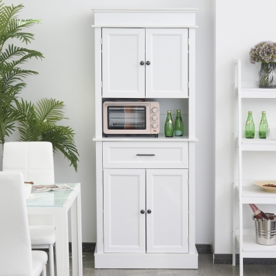 HOMCOM 72"H Modern Freestanding Kitchen Pantry Cabinet Cupboard with Doors Open Shelves Adjustable Shelving Microwave Space, White
