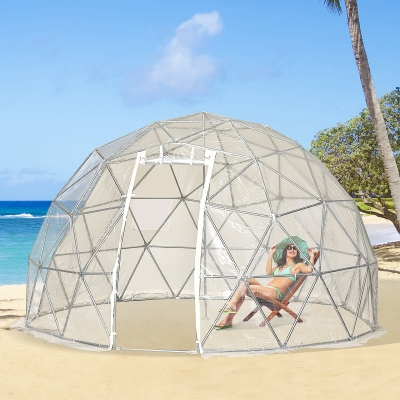 Outsunny Garden Dome Igloo Tent Half Ball Shape Outdoor Greenhouse w/ Air Conditioner Hole, Half Transparent PVC and Half Polyester Fabric Cover