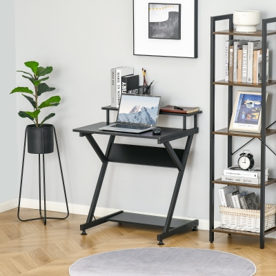HOMCOM Compact Computer Desk, Industrial Z-Shaped Writing Desk with Monitor Shelf and Storage, Workstation for Home Office, Black