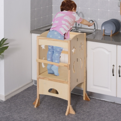 Qaba Step Stool with Support Handles, Safety Rail and Non-Slip, Learning Tower Hardwood Stepping Stool for kids and Toddlers, Counter Step -p HelperKids Footstool Natural