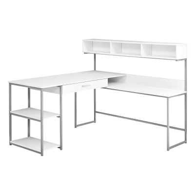 Monarch L-Shaped Contemporary Open Concept Computer Desk with Storage - White / Silver Metal
