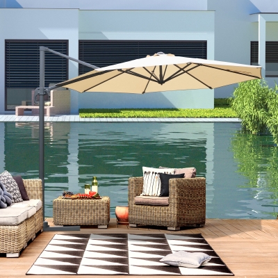 Outsunny 9.7ft Round Cantilever Hanging Umbrella Outdoor Offset Market Umbrella 360° Rotation w/ Cross Base Garden Sun Shade Beige