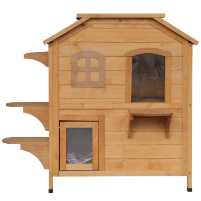 PawHut Solid Wood Cat House 2-Stories, with Indoor Lounge Space, Indoor/Outdoor, and Fun Entrances, Catio, Natural