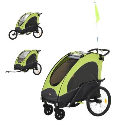 Aosom Child Bike Trailer 3 In1 Foldable Baby Trailer Transport Buggy Carrier with Shock Absorber System Rubber Tires Adjustable Handlebar - Green and Grey