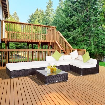 Outsunny 6pc Deluxe Garden Wicker Sectional Sofa Set Outdoor Rattan Chaise Lounge Patio Furniture All Weather Resistant w/ Cushion Seat