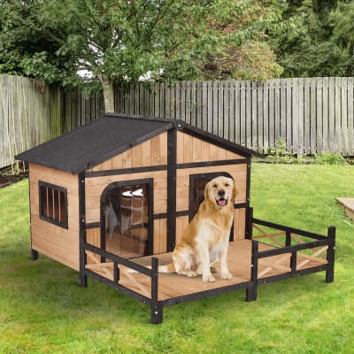 Pawhut Wooden Elevated Backyard All Weather Rustic Log Cabin Pet Dog House Kit