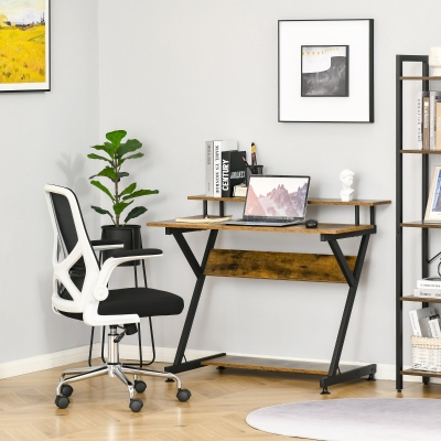 HOMCOM Industrial Computer Desk with Monitor Shelf and Storage, Z-Shaped Writing Desk Workstation for Home Office, Rustic Brown