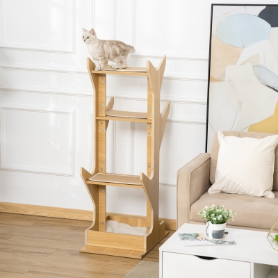 PawHut 4-level Platform Cat Tree with Resting House, Activity Center for kittens, Cat Tower Furniture with Cushion, for Playing Relaxing and Sleeping, Oak