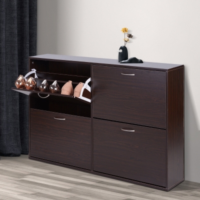 HOMCOM Flip Down Shoe Storage Multi Cabinet Wooden Shoe Shelf Rack Entryway 4 Drawer Organizer Free Standing Unit Brown
