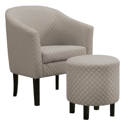 Monarch Traditional Accent Chair with Matching Circular Ottoman - Light Grey Geometric Design