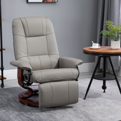 HOMCOM Adjustable Padded Recliner Sofa Leather Relaxing Lounge Armchair Living Room w/ Retractable Footrest 360° Swivel Wood Base Home Office Furniture Grey