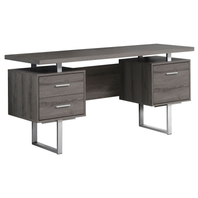 Monarch 60" Contemporary Floating Top Hollow-Core Office Desk with 2 Storage Drawers and File Drawer - Dark Taupe / Silver Metal