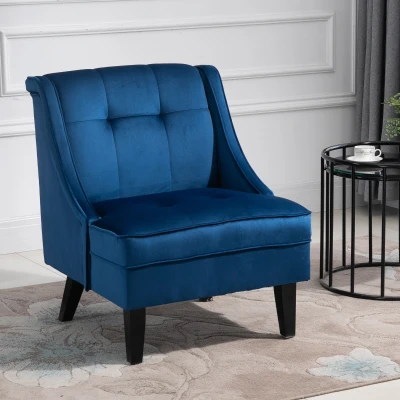 HOMCOM Tufted Single Sofa Chair, Blue with Rubber Wood Legs