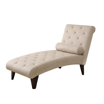 Monarch Upholstered Plush Tufted Faux Velvet Chaise Lounge with Cylinder Pillow - Taupe