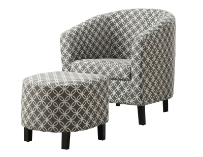 Monarch Modern Upholstered Curved Back Barrel Tub Chair with Matching Ottoman - Grey Circular Pattern