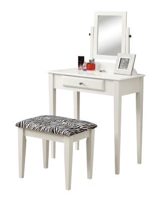 Monarch 2 Piece Contemporary Swivel Mirror Makeup Vanity Table Set with Zebra-Print Stool - White Finish