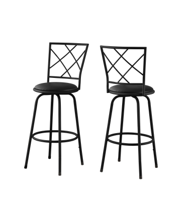 Monarch 2 Piece Contemporary PU Leather Seat Criss-Cross Styled Back Metal Framed Swivel Barstool Chair Set - Black Finish