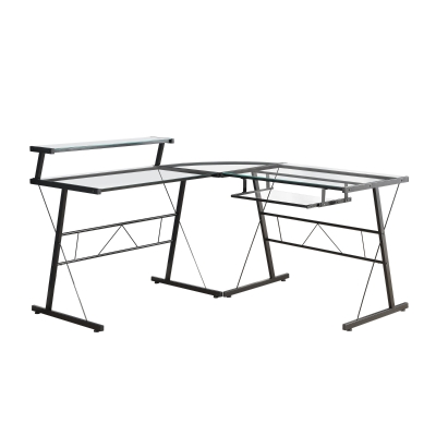 Monarch L-Shaped Contemporary Glass Top Computer Desk Workstation - Black Metal