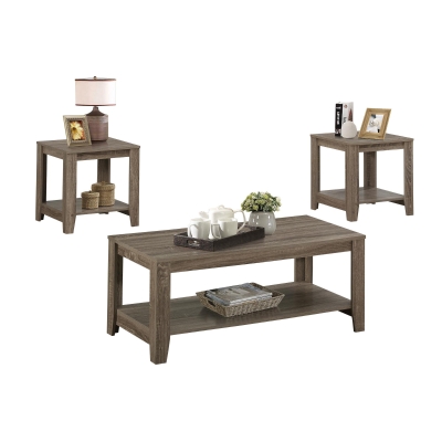 Monarch 3 Piece Contemporary Rectangular Shelved Wood-Look Coffee Table / Two Matching End Tables Set - Dark Taupe