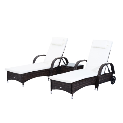 Outsunny 3 Piece Rattan Wicker Adjustable Chaise Lounge Chair with Wheels Set - Brown