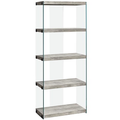 Monarch 60" H Bookcase with 4 Shelves and Glass Side Pannels - Grey Reclaimed Wood-Look / Tempered Glass
